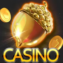 Golden acorn casino logo with glowing coins in the background, representing the Acorn Casino brand.