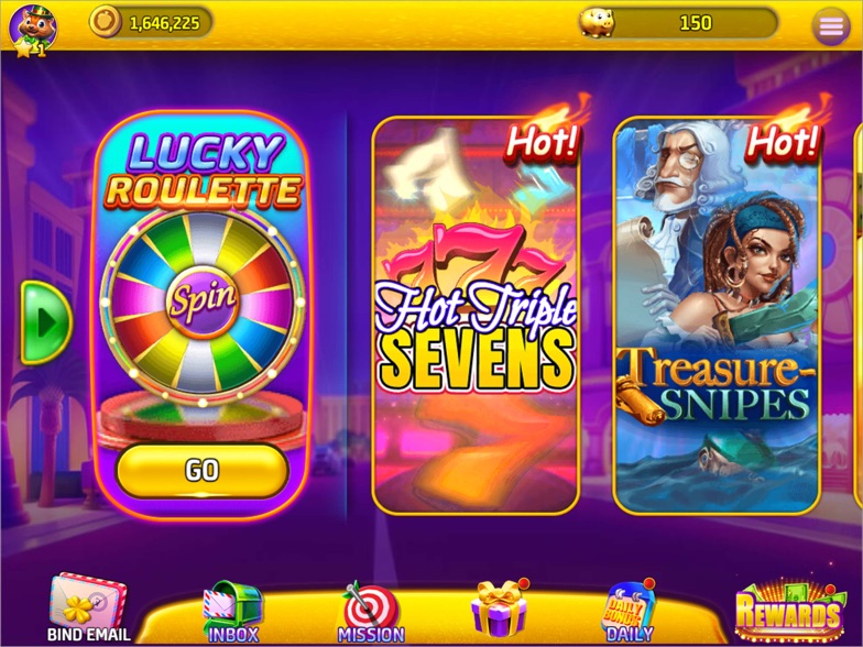 Acorn Casino app interface showcasing game options like Lucky Roulette, Hot Triple Sevens, and Treasure Snipes with vibrant colors and a user-friendly layout.