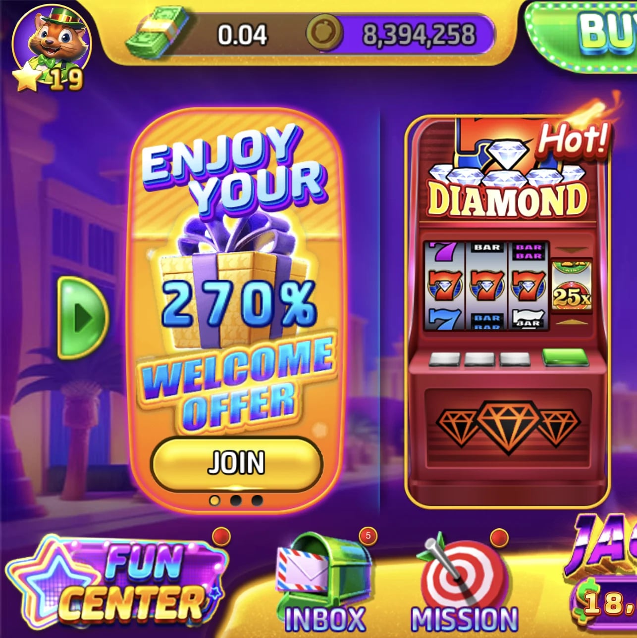 Acorn Casino app screen highlighting a 270% welcome offer, a slot machine game titled 'Diamond', and navigation options like Fun Center, Inbox, and Mission.